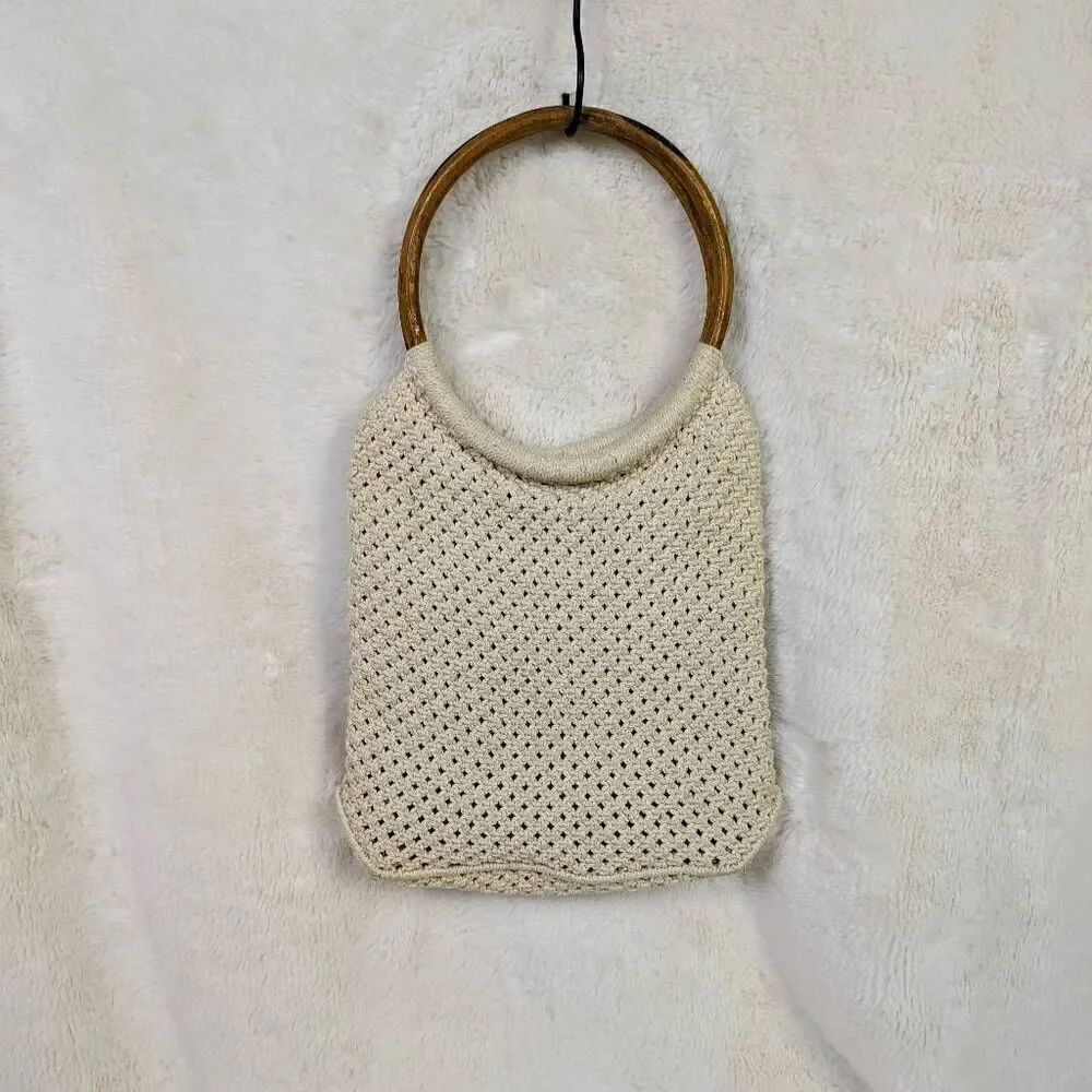 Macrame Bag Natural Crochet Woven Handbag Wood Ring Purse Boho Hand Made - Picture 2 of 9